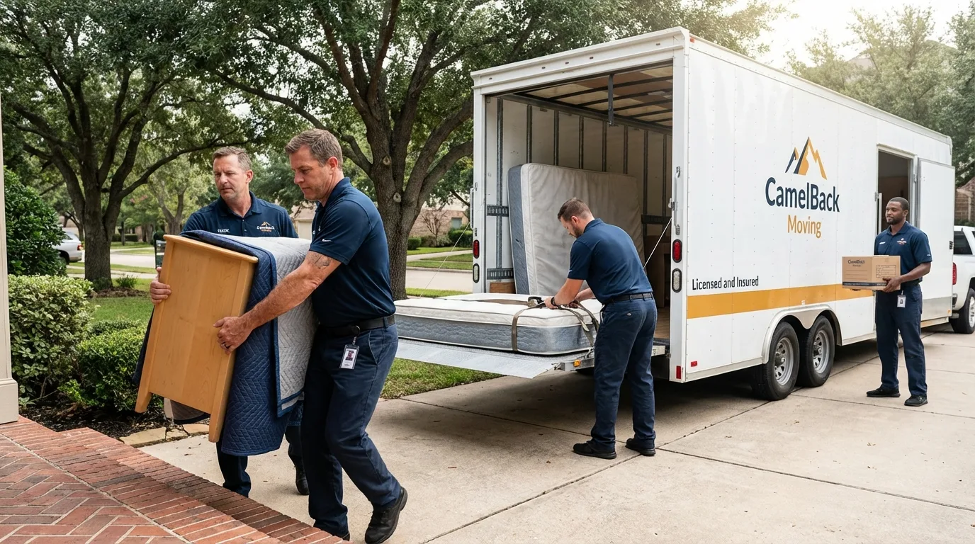 Crew loading residential truck for cross-state move from Wasco, CA