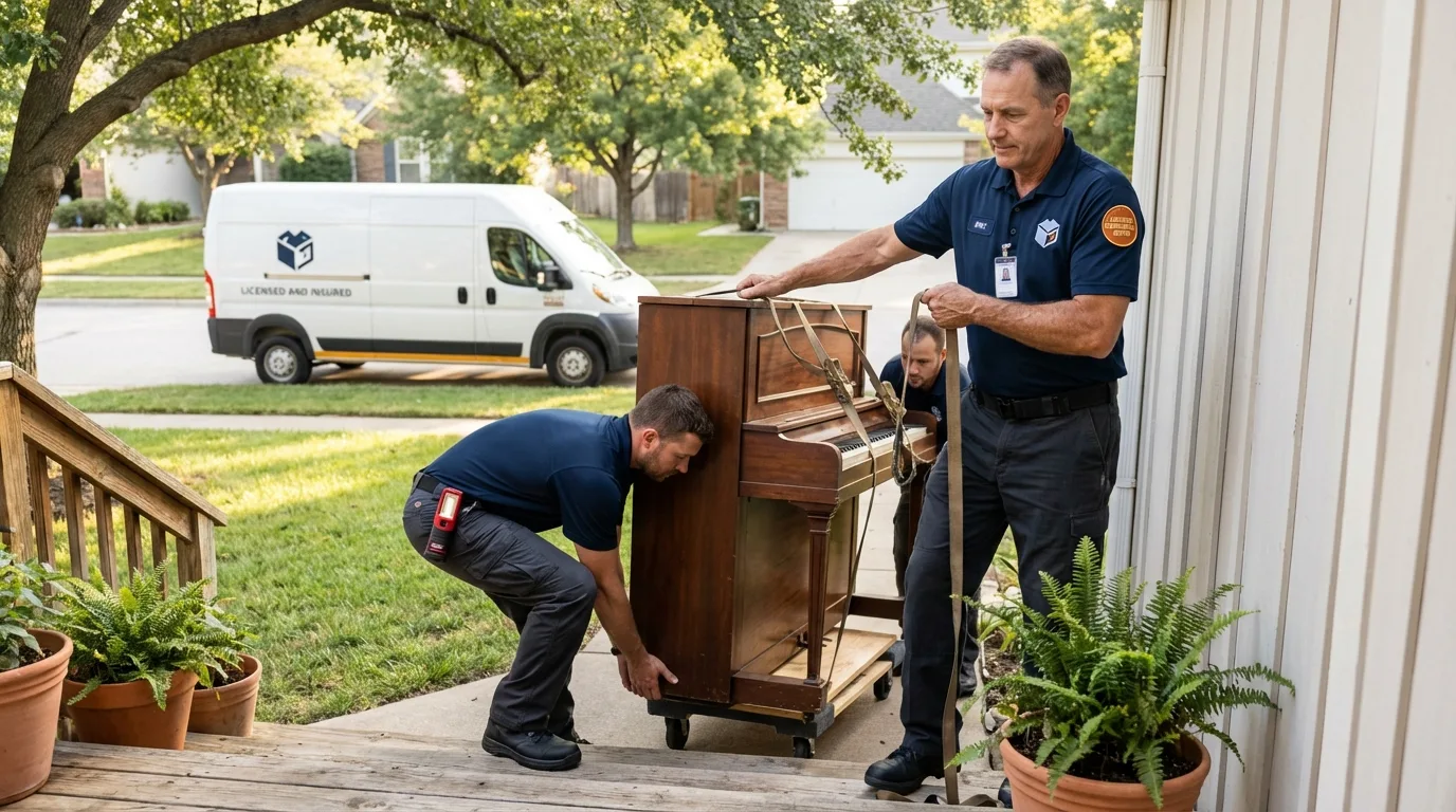 Licensed piano movers securing grand piano in Wasco, CA