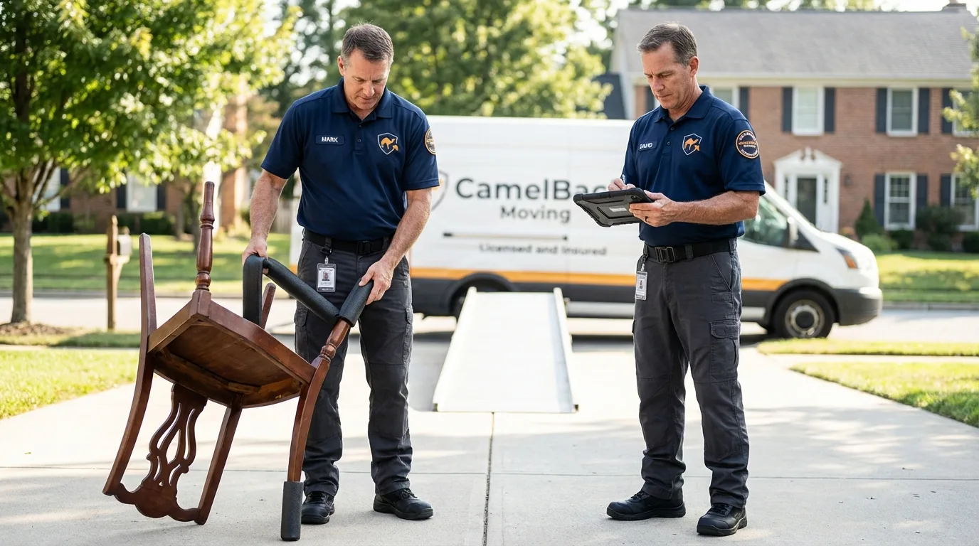 Movers inspecting furniture for damage prevention before loading in Wasco, CA